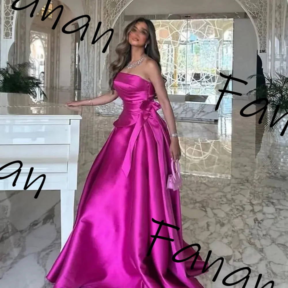 Customized Exquisite Pink Bow Stain A-Line Evening Dresses Strapless Floor Length Sleeveless Party dresses A-line Draped Prom Go