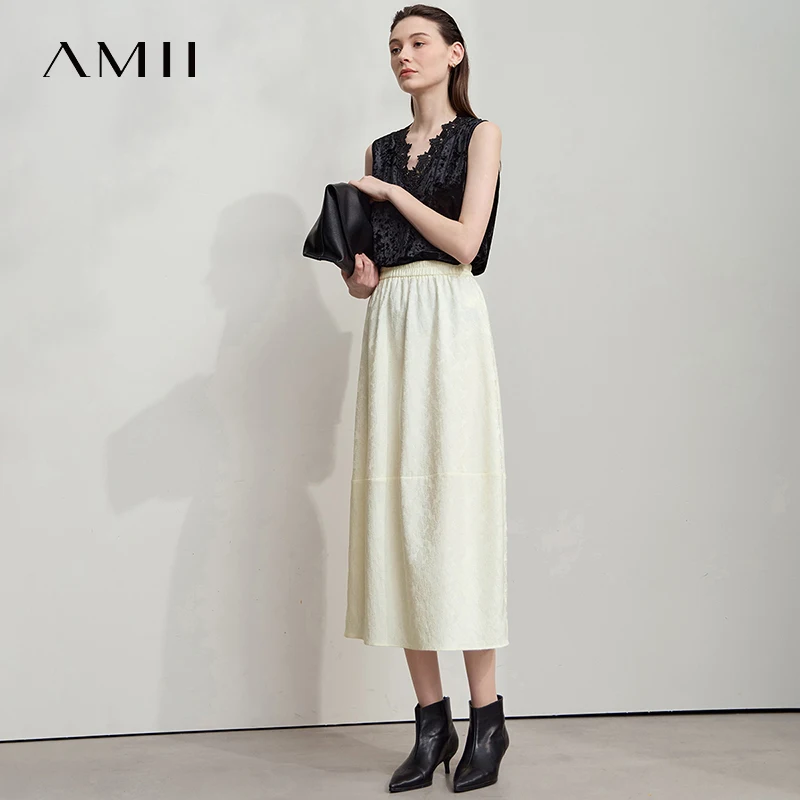 AMII 2026 New Arrival Autumn Quiet Luxury Style Women Skirts Elastic Waistband Loose Elegant Solid Lantern Dress 12523032