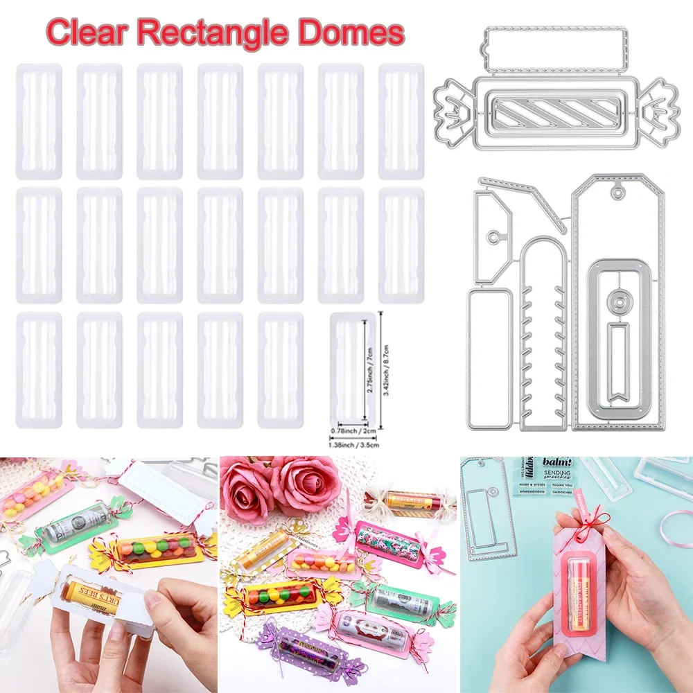 

20pcs/Pack Plastic Clear Rectangle 3D Domes and Tag Candy Die Self-Adhesive Lip Balm Pouches Money Holder for DIY Craft GiftCard