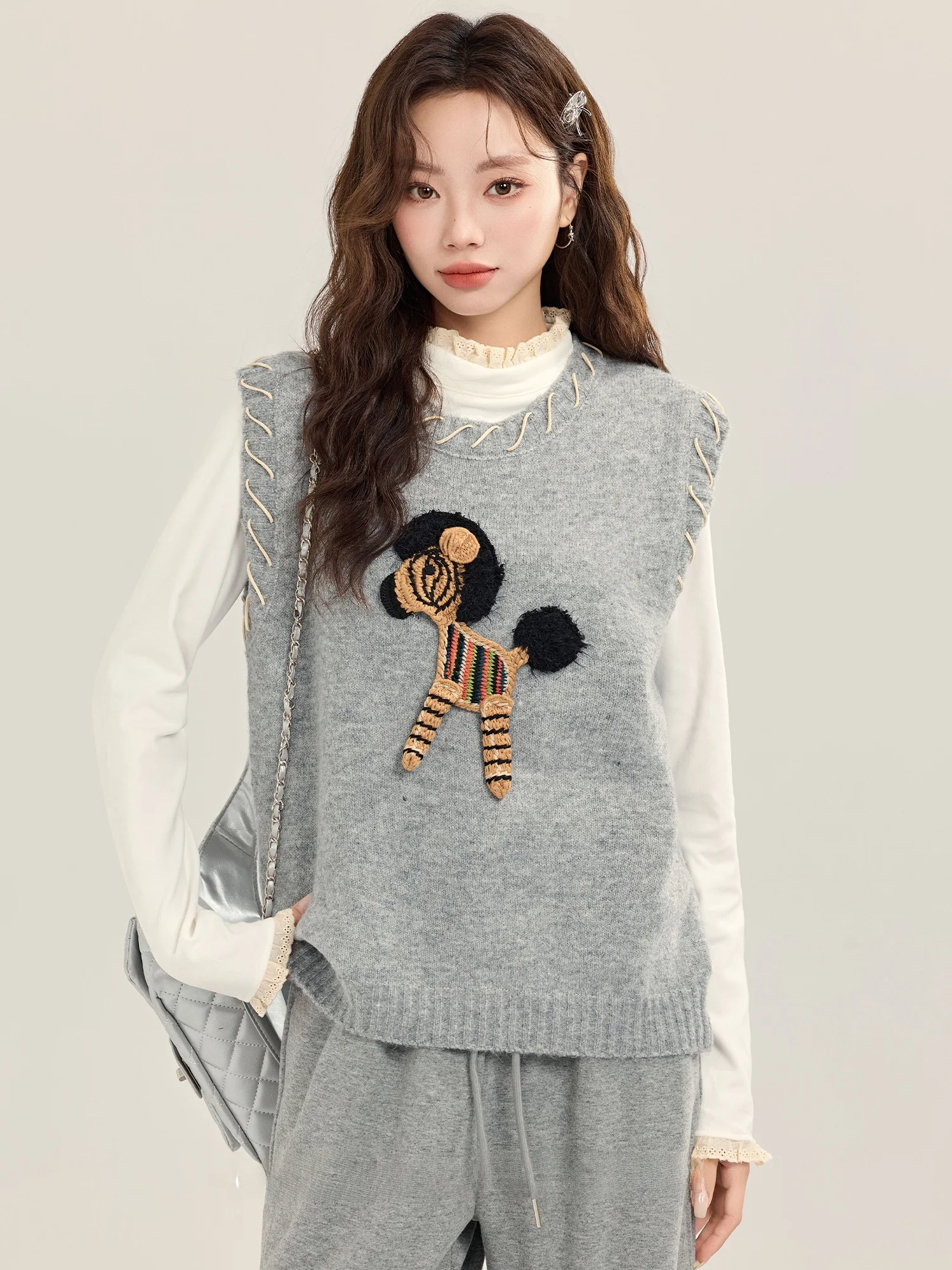 

Early Spring College Sle irt under Knitted Vest Women's Sweater ort Jaet Sweet Sle round Ne No Button Fastening