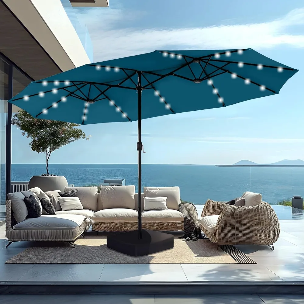 

15ft Large Patio Umbrella with Solar Lights, Double-Sided Outdoor Market Rectangle Umbrellas with 36 LED Lights, Umbrella Base