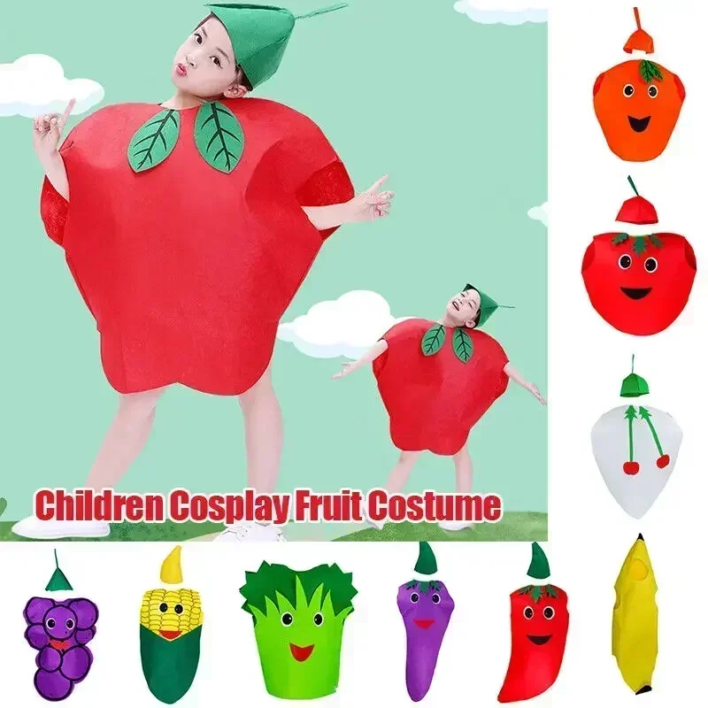 Obst- und Gemüse-Cosplay-Kostüme für Kinder, lustiges Erdbeer-Trauben-Outfit für Jungen und Mädchen, Bühnenkleidung mit Gemüse-Motiv