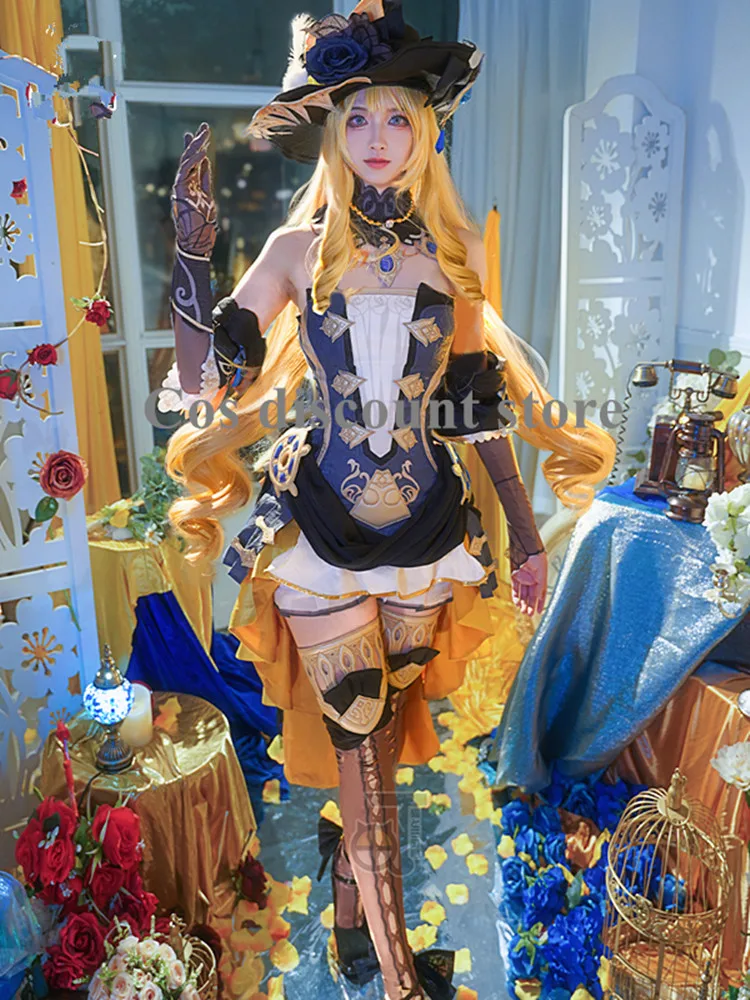 Game Genshin Impact Navia Cosplay Costumes Sexy Strapless Dress with Hat Women Girls Navia Cos Outfit Halloween Party Full Set