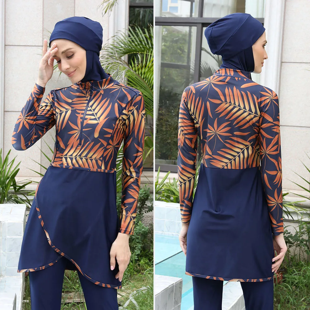 3PCS Muslim Modest Swimwear Women Swimsuit Full Cover Islamic Long Sleeve Swimming Suit Burkini Turban Pants Hijab