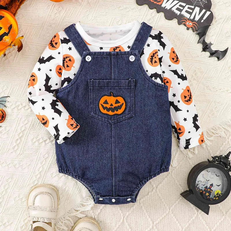 2pcs/set Spring Autumn Newborn Boy Girl Clothes Set Halloween Cartoon Cute Print Cotton Long Sleeve Tops+Denim Baby Sets