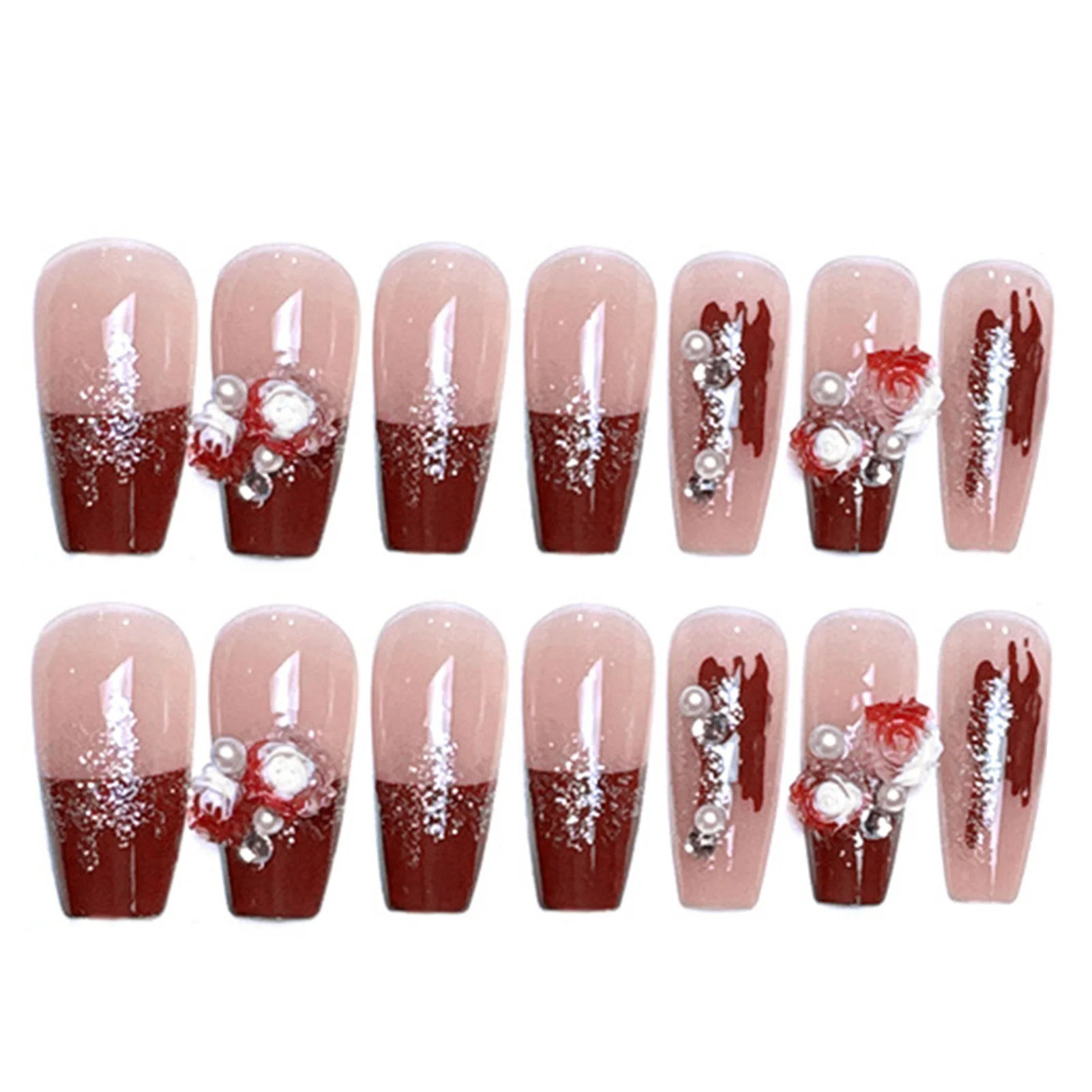 24Pcs Press on Nails Glossy 3D Flower Pearl Fake Nails for Women Professional Manicure Kit Durable Waterproof Resin Tips