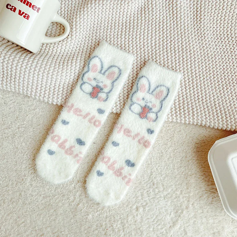 Sweet Pink Rabbits Bowknot Imitation Mink Socks Winter Plush Warm Home Sleeping Socks Ins Japanese Cartoon Cute Furry Tube Socks