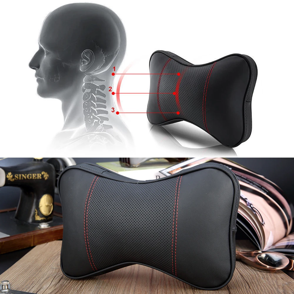 2PCS Top Quality Cowhide Car Neck Pillows Headrest Neck Pillow Support Auto Universal Seat Soft Breathable Interior Decoration