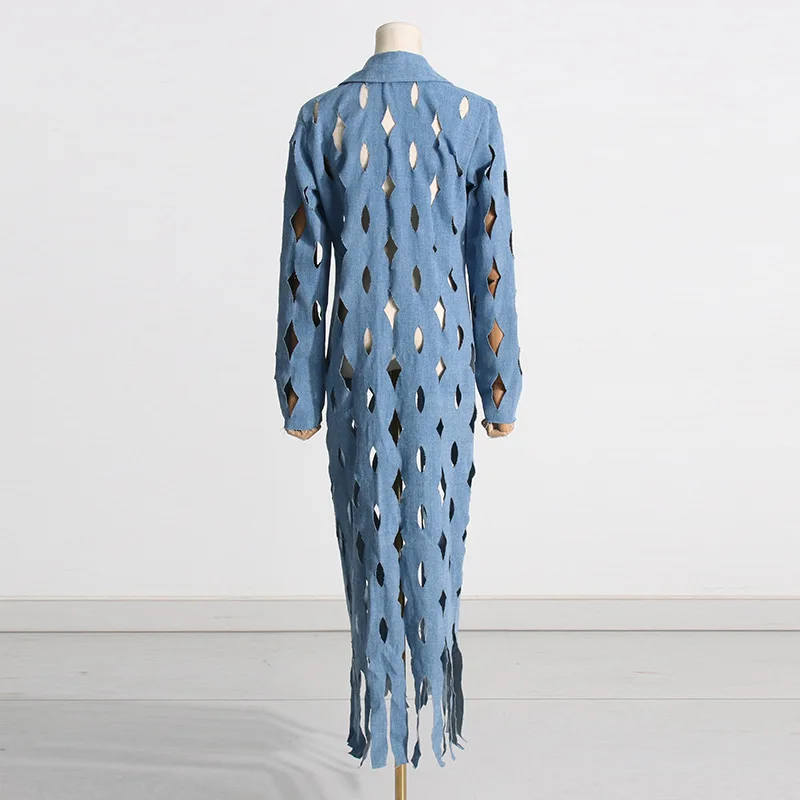 Kwtx feminino longo denim trench coat leve recorte franja minimalista elegante designer de luxo primavera verão 2025 outwear