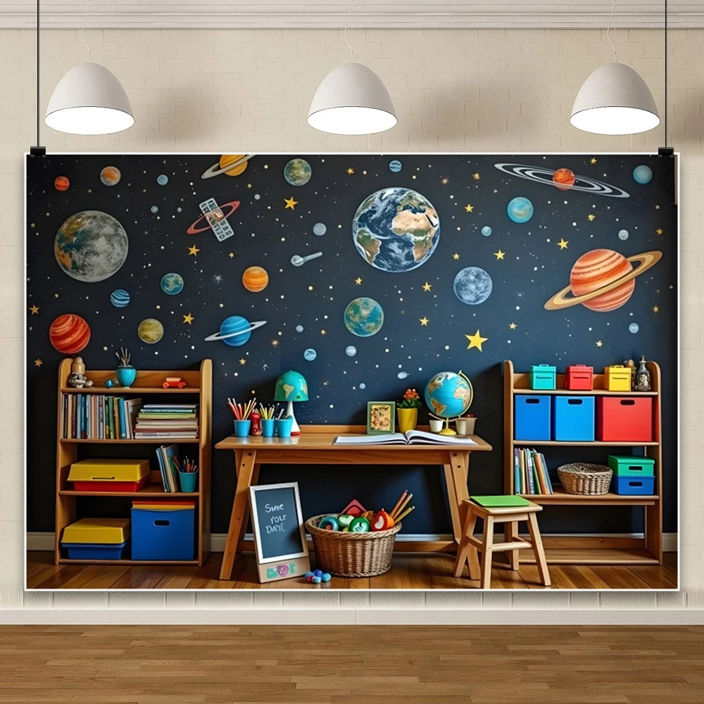 Back To School Photography Backdrop Universe Wall  Desk Globe Bookshelf Party Decoration Kids Adults Portrait Photo Background