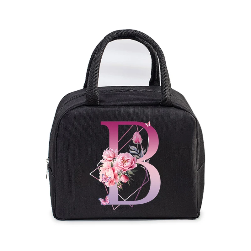 Bolsa de almuerzo portátil para mujer, bolso de mano con estampado de flores, con aislamiento térmico, con 26 letras, Unisex