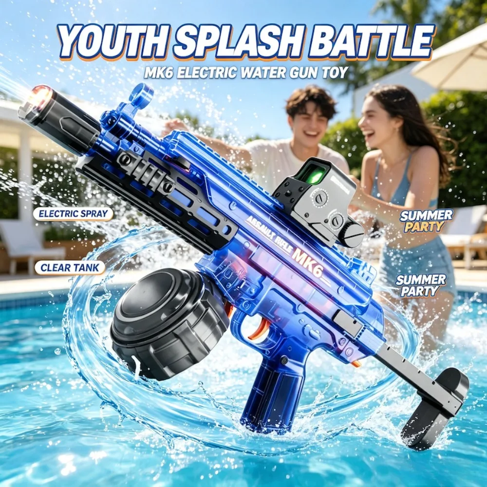 MK6 Electric Water Gun Toy Transparent Rechargeable Full Automatic Water Blaster Outdoor Pool Beach Shooting Game Toy