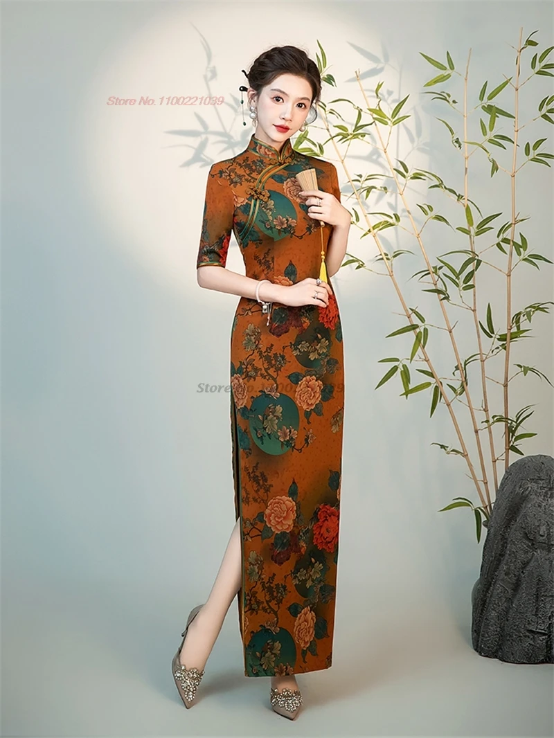 

2025 chinese vintage dress national flower print formal cheongsam improved qipao dress traditional banquet evening dress qipao