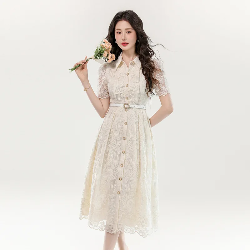 

Lace Embroidered Dress Dresses with Belt Spring Summer Fitted Midi Bodycon Evening Dress Matching Set