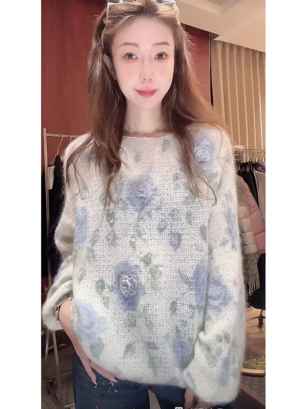 

Свободный вязаный свитер с круглым вырезом, украшенный бусинами, в стиле Lazy Sle, женская мода, весенний сезон, эксклюзивно онлайн