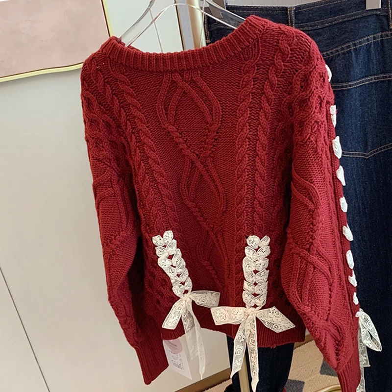 Lace-up Knitted Pullovers Women Red Sweet Warm Sweater Baggy Soft Autumn Winter All-match Korean Fashion Students Свитер Женский