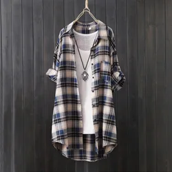 Lightweight Retro Women's Button Front Linen Shirt for Spring/Summer 2025 Mid Length Plaid Shirt Long Sleeve Top