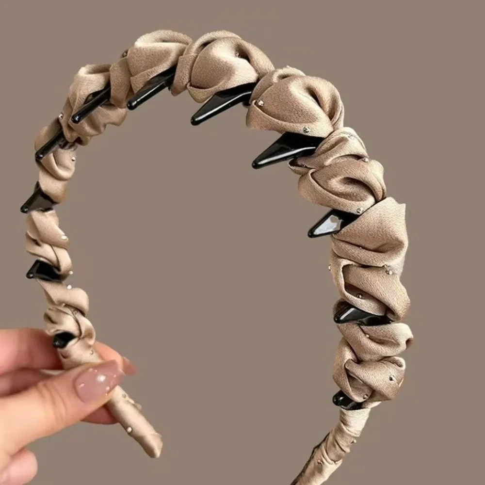 Adjustable Pleated Fabric Headband Satins Material Comfortable Rhinestones Toothed Headband Stretchy Fabric Elegant