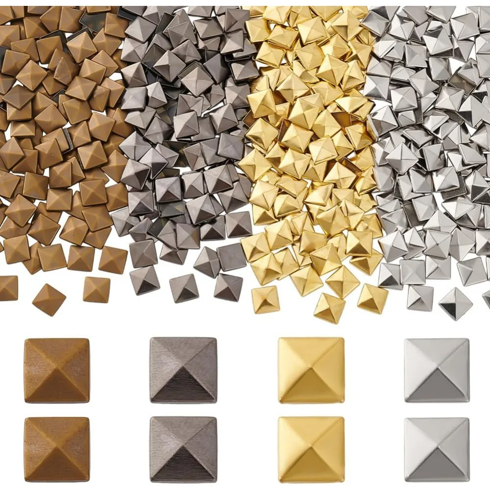 

400pcs Flat Back Pyramid Studs Glue on Metal Studs 4 Colors Hotfix Iron on Rivets Square Pyramid Studs for Clothing making kit