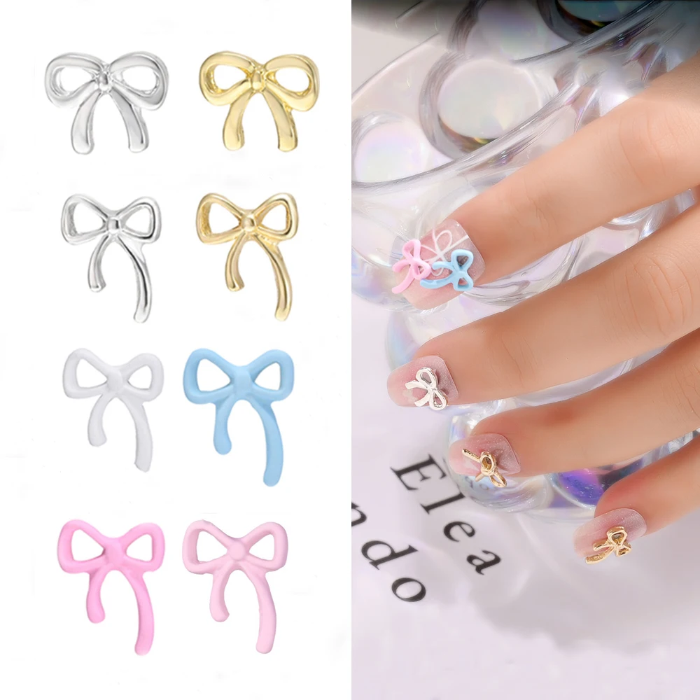 20Pcs Cute Bow Ribbon Nail Art Charm 3D Lovely Hollowed Colorful Metal Lines Bow Nail Decoration DIY Delicate Nail Accessories