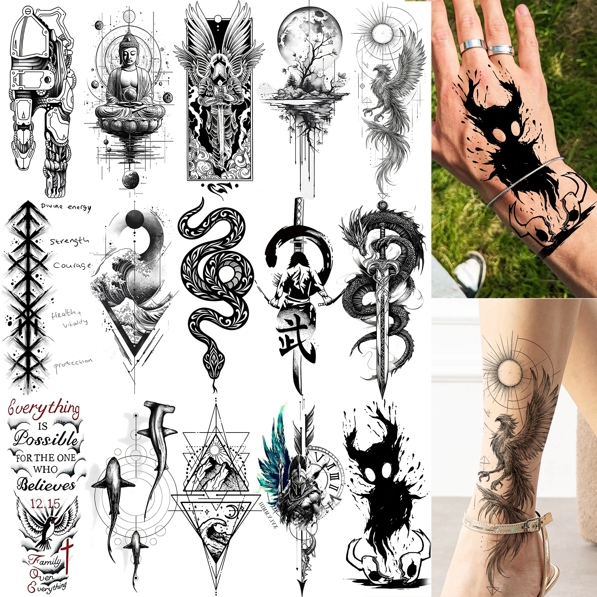 1 Sheet Samurai Snake Buddha Halloween Temporary Tattoo For Adult Neck Forearm, Waterproof Durable Realistic Fake Tattoo Sticker