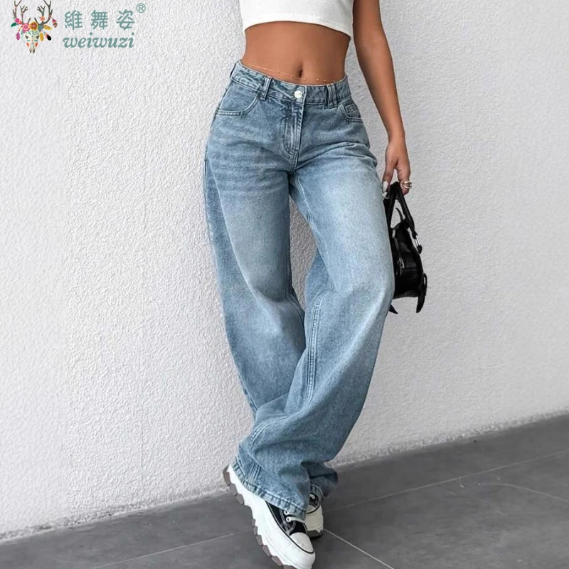 

Baggy Women's Jeans Versatile Korea Blue Denim Pants High Waist Pants Pockets Fashion Casual Wide Leg Trousers Autumn Streetwear