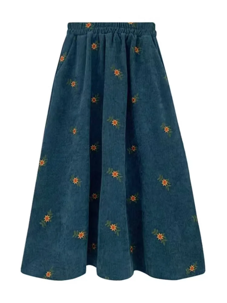 Corduroy Flower Embroidery Fashion Ladies Skirts Autumn Elastic Waist Skirt Women Oversized Loose Pleated Woman A-Line Skirts