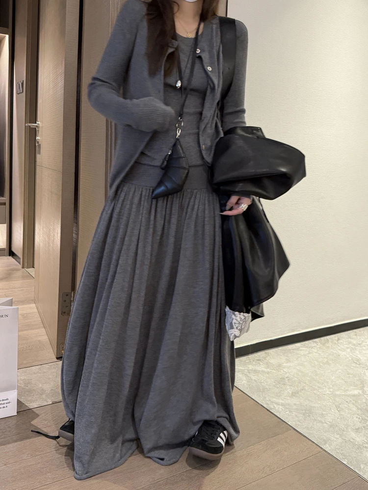 

Комплект OHLABABY: Шерстяной вязаный кардиган, жилет, юбка-зонтик и футболка — осенний модный французский комплект для женщин