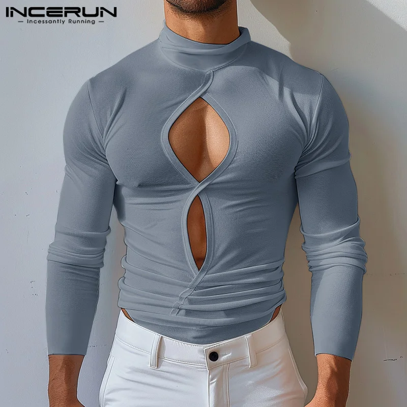 Sexy Casual Style Tops INCERUN New Men Hollow Design T-shirts Male Clubwear Hot Sale Solid Color Mid Sleeve Camiseta S-5XL 2024