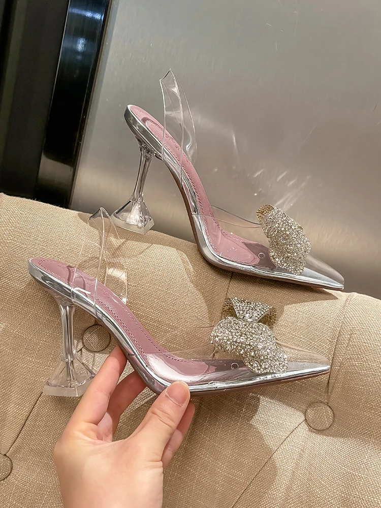 

Transparent Rhinestone Bow High-Heeled Sandals Fairy Style Stiletto Wedding Shoes