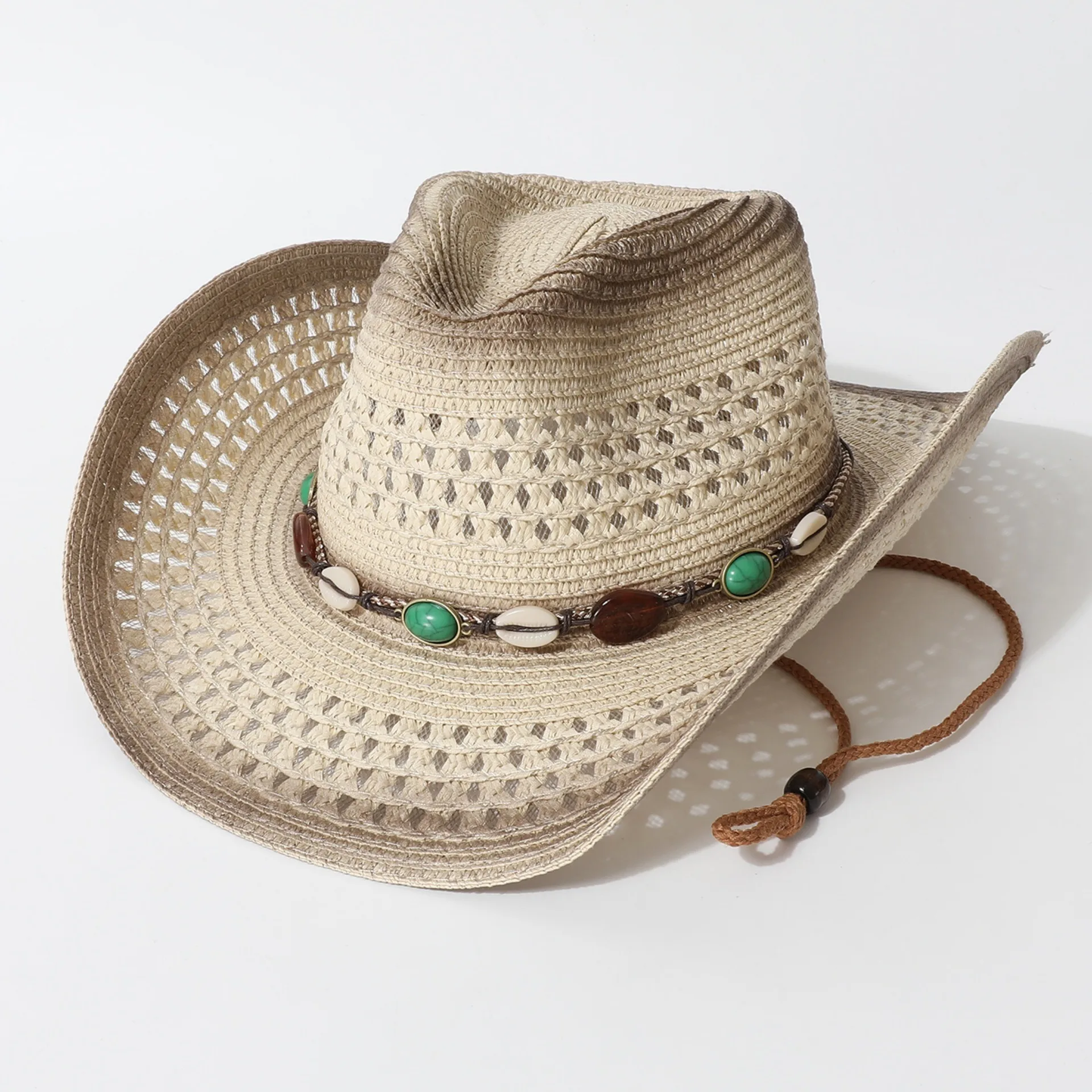 Wide Brim Printed Cowboy Straw Hat With Beaded Trim Hollow Out Breathable Hand Woven Sun Beach Hat
