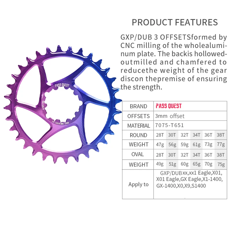 PASS QUEST FORGXP Chainring 3mm Offset 28T-38T MTB Narrow Wide Mountain Bike Chainwheel forSram DUB XX XX1  Eagle X9 Crankset