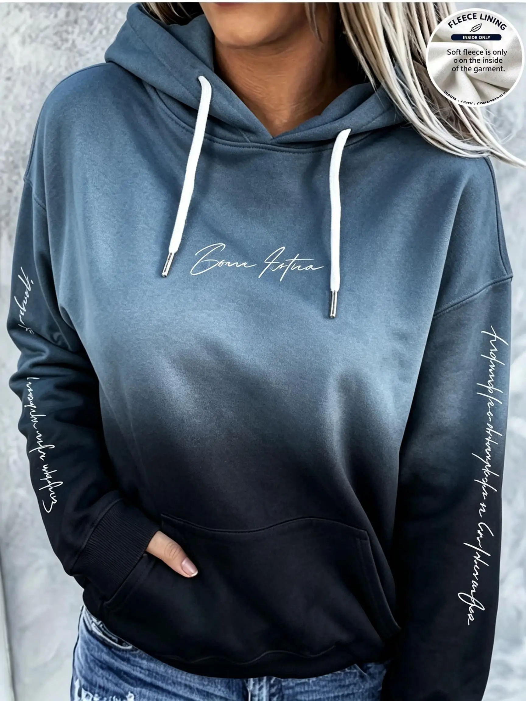 Women Fleece Hoodie Gradient Background Handwritten Script Letter Print Long Sleeve Loose Sweatshirt