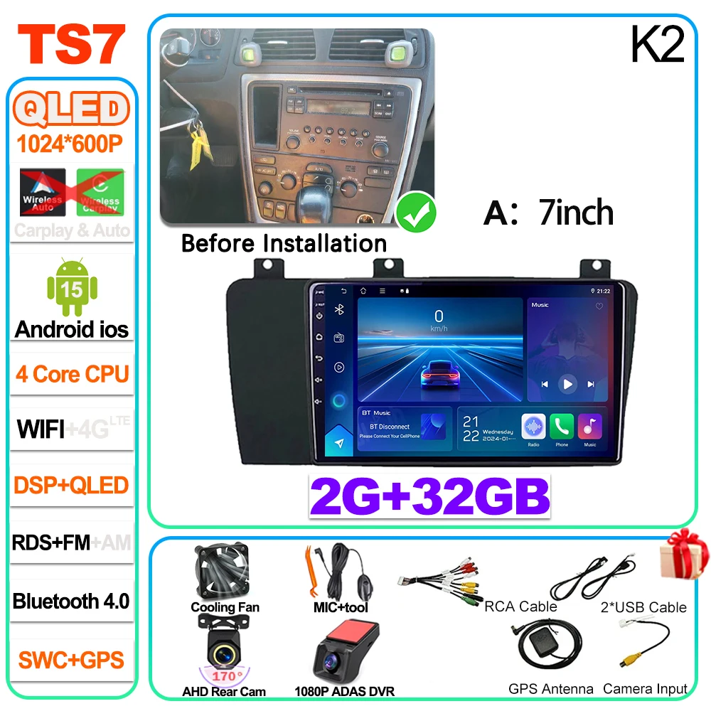 Android 16 voor Volvo XC70 V70 S60 2004 2005 2006 2007 2008 2009 autoradio head unit Carplay Auto multimediaspeler touchscreen