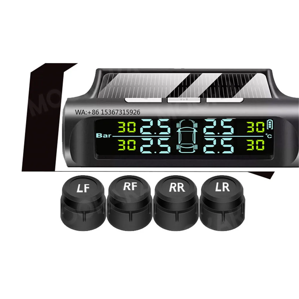 

Wireless Tire Pressure Monitoring System Solar Power TPMS Universal 6 Alarm Modes 4 TPMS Sensors