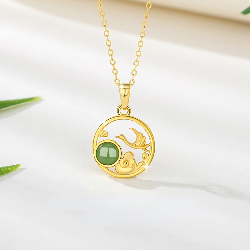 Hollow Out Clavicular Chain Chinese Style 925 Silver Crane Paired Hotan Jade Necklace for Women Classic Quality Jewelry Gift