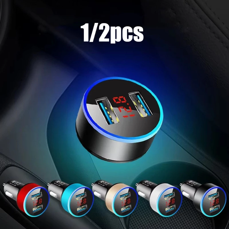1/2pcs Car Charger For Cigarette Lighter Smart Phone USB Adapter Mobile Phone Charger Dual USB Digital Display Voltmeter