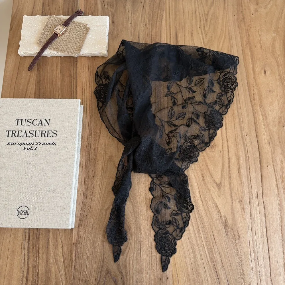 

Breathable Mesh Rose Scarf Three-Dimensional Rose Lace Design Triangle Scarf Elegant Triangle Shape Silk Scarf Spring