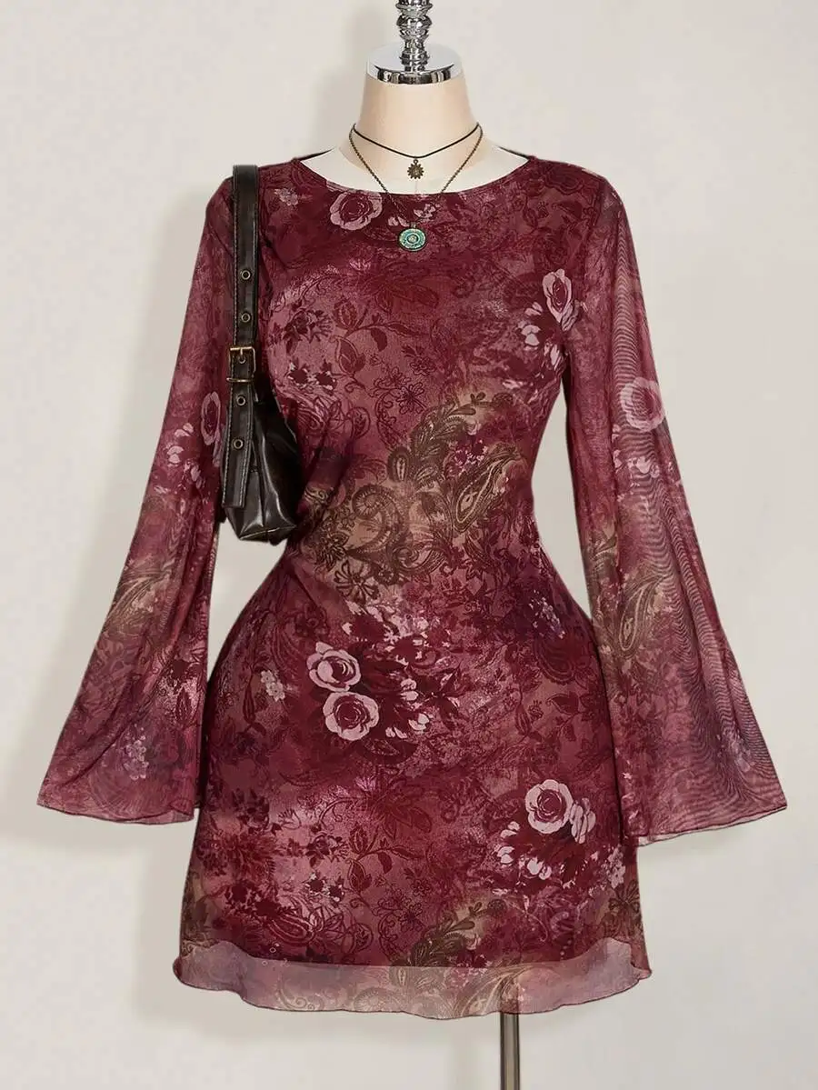 

Burgundy Floral Print Mesh Bell Sleeve Mini Dress for Women