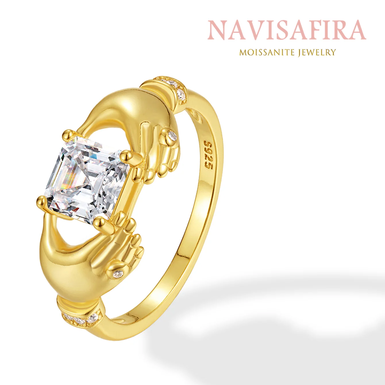 

1Ct S925 Gold-Plated Hand Clasp Moissanite Ring – Vintage Design, Emerald-Cut Center Stone, Elegant Engagement Gift