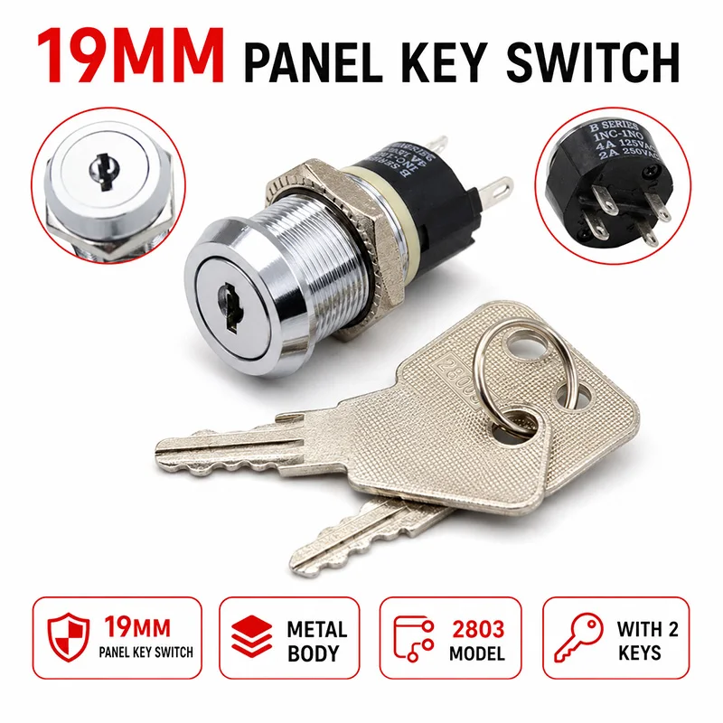 19mm Metal Electronic Key Switch Lock 4Pin ON OFF 2 Position DPST 2803 Panel Mount Power Control 1 or 5 Sets with Pullout Keys