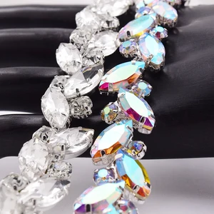 سلسلة معدنية مطلية بحجر الراين بالفضة ، لون AB ، ورقة بيضاء ، سلسلة كريستال لامعة ، زين خياطة ، ملحق زفاف زخرفي ، 1 ياردة أعلى 8 مبيعات ملابس لامعة - رقم 6