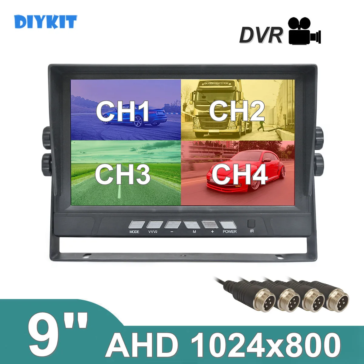 

DIYKIT 9inch AHD 1024x800 Video Recording HD Car Monitor Rear View Monitor Support 128GB SD Card AHD Car Camera