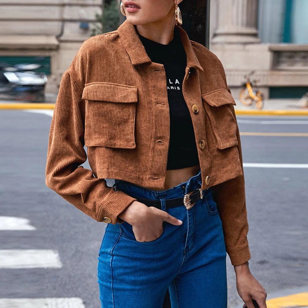 

Women's Casual Corduroy Jacket Spring Summer Single-Breasted Long-SleevedAccordion Bag Lapel European American Style