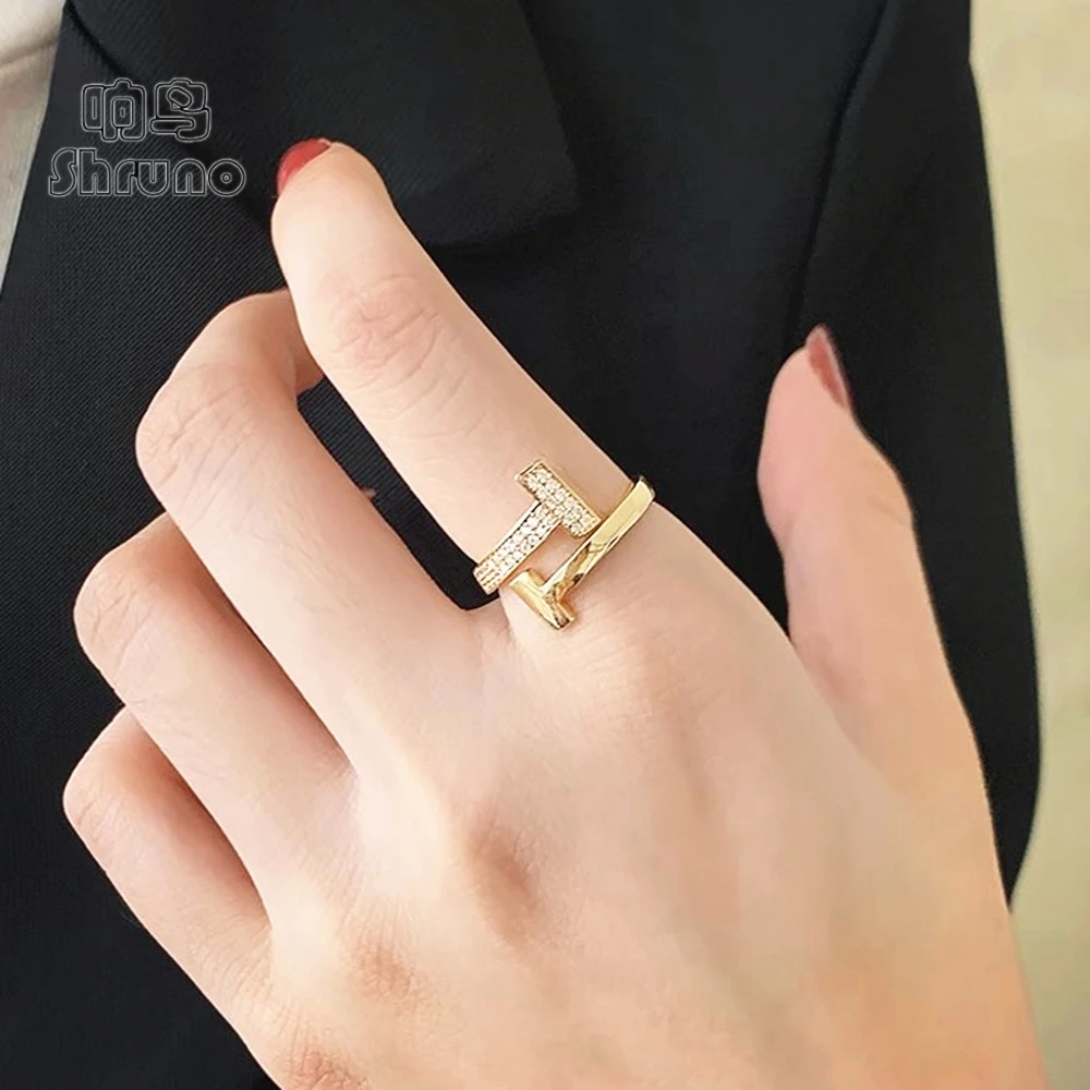 Shruno Real 14K Yellow/White/Gold Gold T Letter Moissanite Ring Women Diamond Index Finger Ring Trendy Personality Fine Jewelry