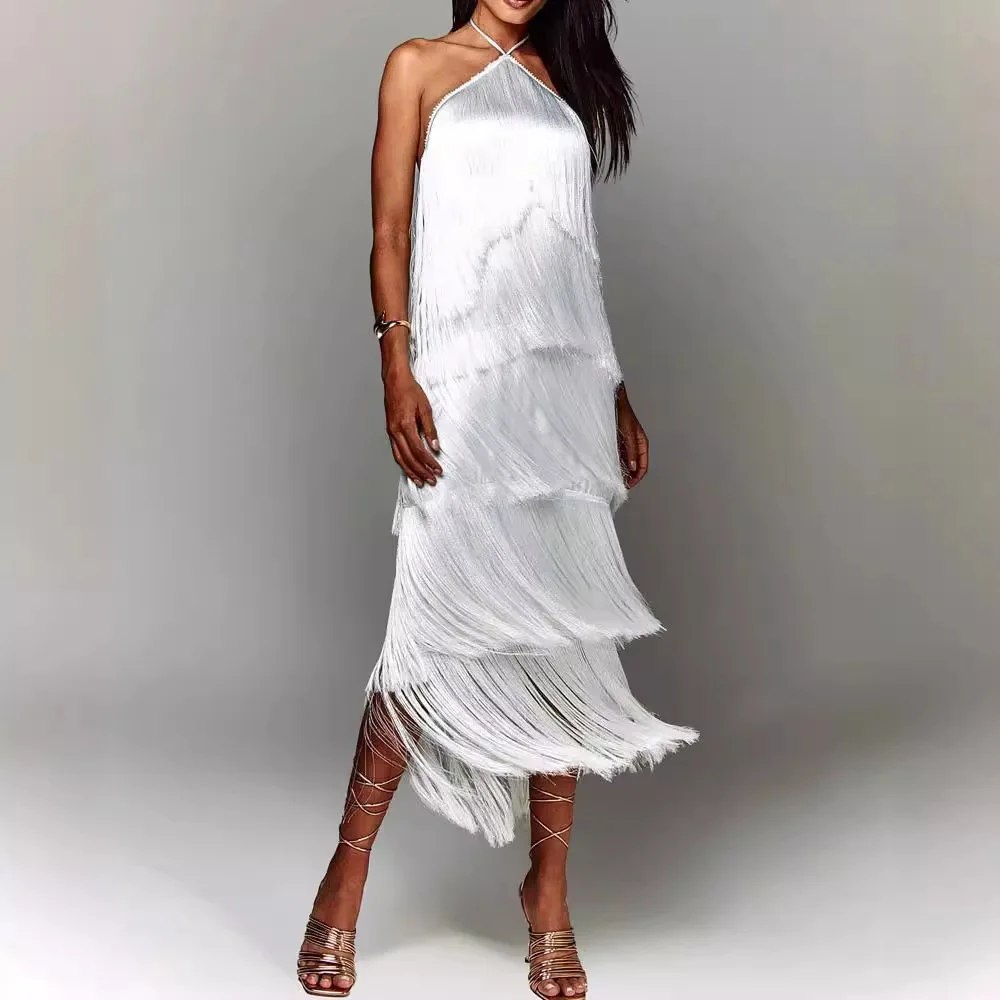 Moda em camadas vestido de cor sólida senhoras sexy fora do ombro cintura alta vestido fino chique clube festa franjas sem mangas vestido longo