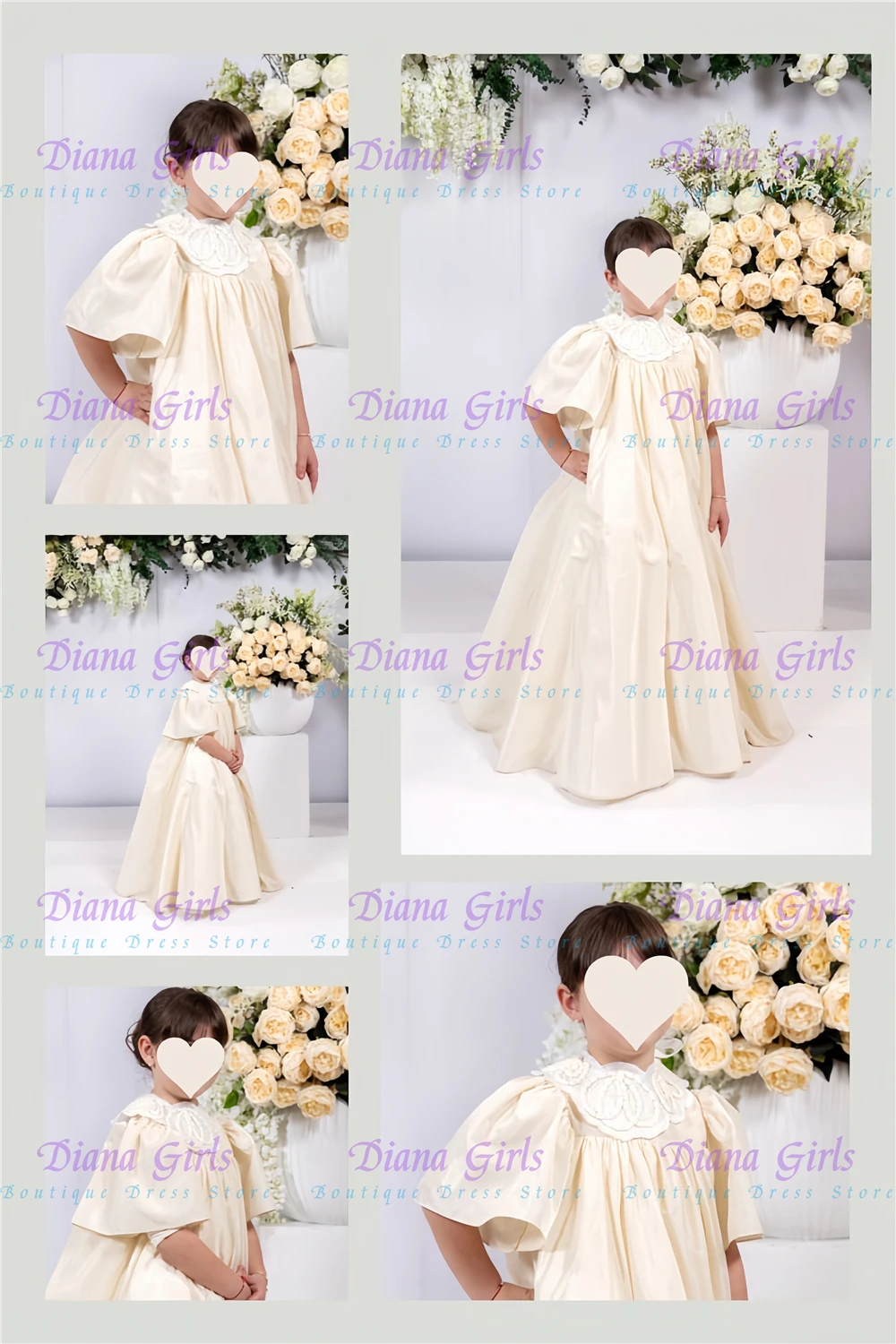 Champagne Quality Communion Satin Fluffy Applique with Flowers Collar Flower Girl Dress for Wedding Birthday Party Ball Gowns