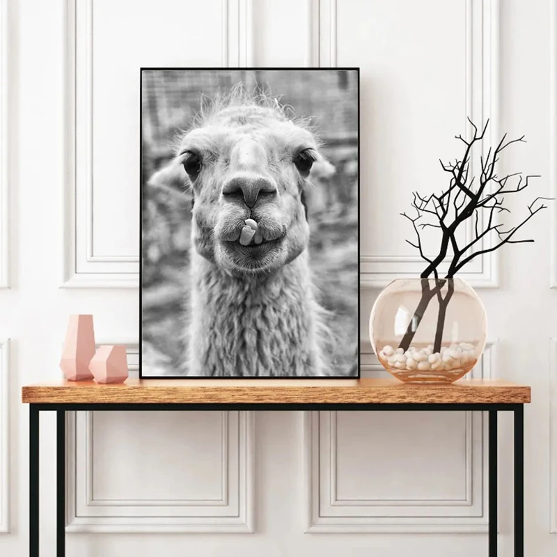 Llama Alpaca Poster Fun Animal Modern Wall Pictures Canvas Print Black and White Art Nursery Kids Room Home Decor Painting Gifts