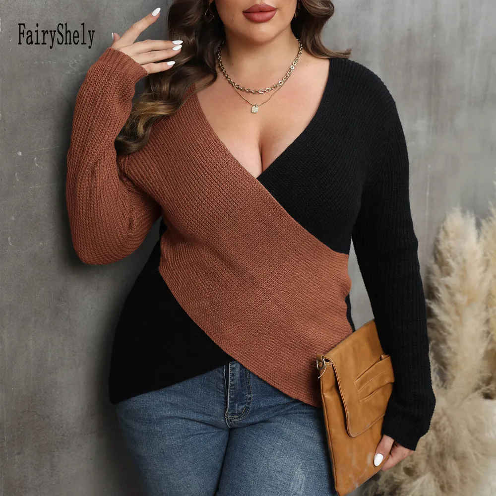 2024 Patchwork Cross Plus Size Sweater Women Sexy Deep V Large Pullover Ladies Loose Oversize Jumper Big Jerseys Curvy Knitwear