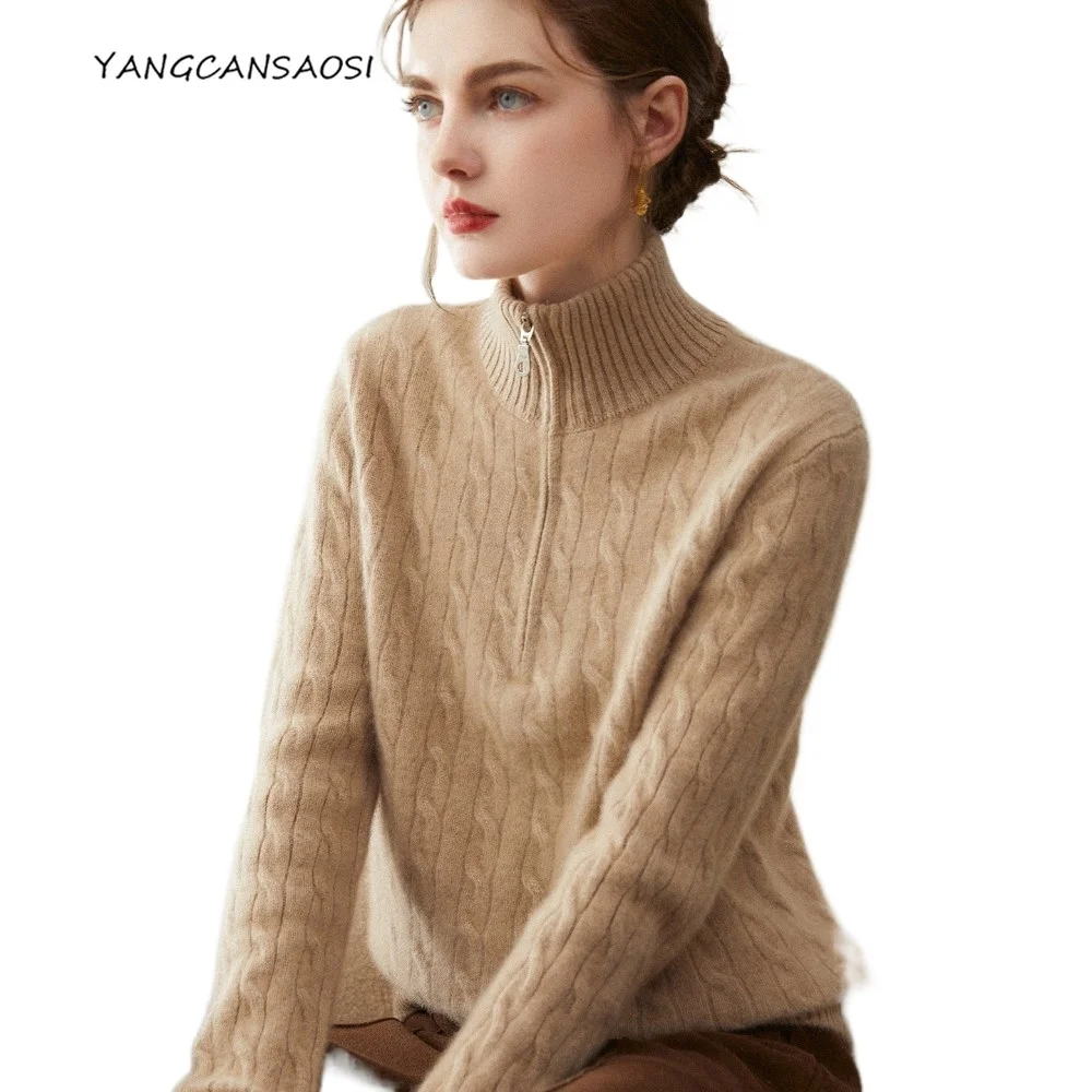 

202, женский осенне-зимний новый 100% кашемировый вязаный свободный свитер с воротником-стойкой и полумолнией из жареного теста, старые деньги